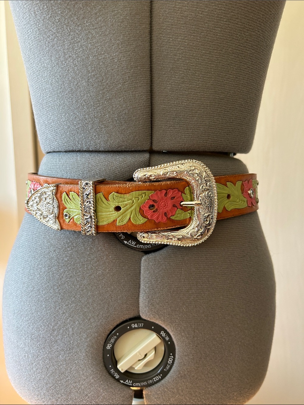 Western Floral Tooled Leather Belt with Silver Buckle - Brown & Green